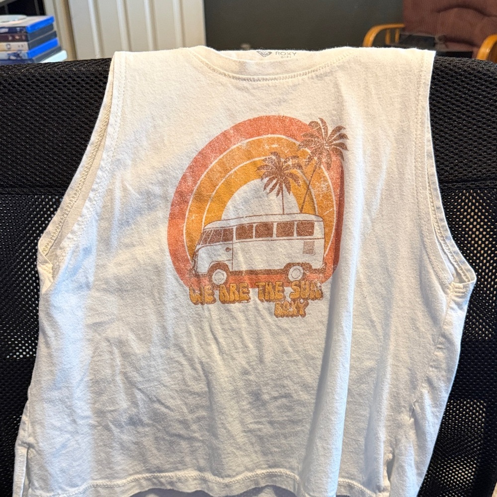Roxy White Tank Top with Orange and Yellow Surf Van Graphic